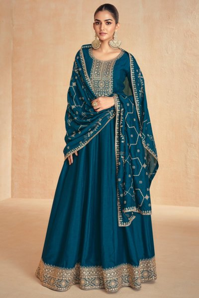 Prussian Blue Silk Embroidered Anarkali Dress