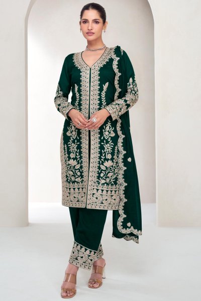 Dark Green Silk Embroidered Suit Set