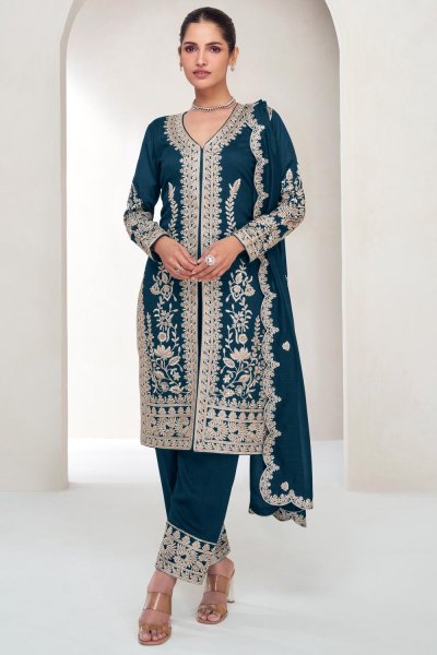 Prussian Blue Silk Embroidered Suit Set