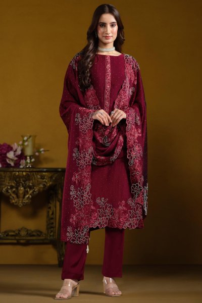 Maroon Georgette Embroidered Kurta Set