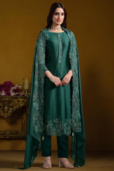 Bottle Green Georgette Embroidered Kurta Set