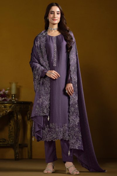 Deep Purple Georgette Embroidered Kurta Set