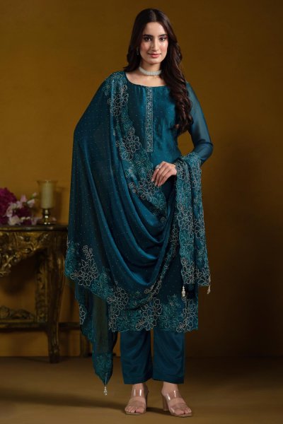 Prussian Blue Georgette Embroidered Kurta Set