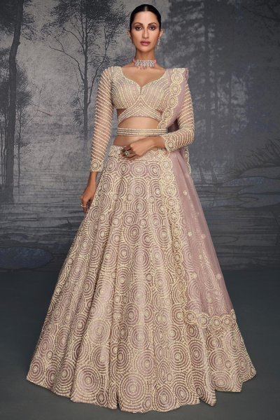 Lilac Pink Net Hand Embroidered Designer Lehenga With Belt