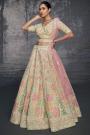 Ivory & Pink Net Hand Embroidered Designer Lehenga