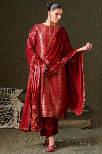 Red Silk Khimkhab Brocade Woven & Embroidered Kurta Set With Velvet Dupatta