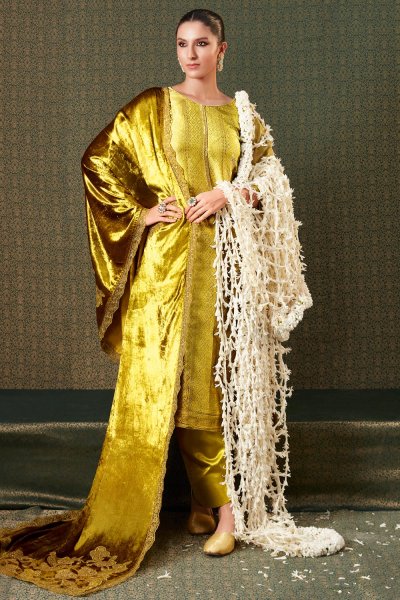 Mustard Silk Khimkhab Brocade Woven & Embroidered Kurta Set With Velvet Dupatta