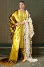 Mustard Soft Brocade Silk Woven & Embroidered Kurta Set With Velvet Dupatta