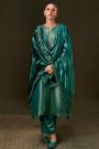 Teal Silk Khimkhab Brocade Woven & Embroidered Kurta Set With Velvet Dupatta