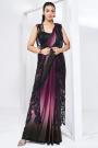 Pre-Draped Black & Plum Ombre Satin Silk Hand Embroidered Saree With Belt & Jacket