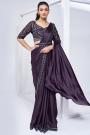 Pre-Draped Deep Purple Crepe Satin Silk Hand Embroidered Saree With Belt