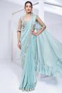 Pre-Draped Aqua Blue Satin Silk Hand Embroidered Saree With Belt & Cape