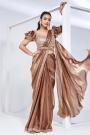 Pre-Draped Copper Satin Silk Hand Embroidered Saree With Belt