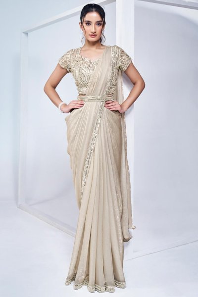 Pre-Draped Champagne Gold Satin Silk Hand Embroidered Saree With Belt