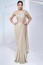 Pre-Draped Champagne Gold Satin Silk Hand Embroidered Saree With Belt