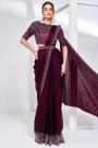 Pre-Draped Wine Crepe Satin Silk Hand Embroidered Saree With Belt