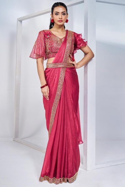 Pre-Draped Coral Pink Satin Silk Hand Embroidered Saree With Belt