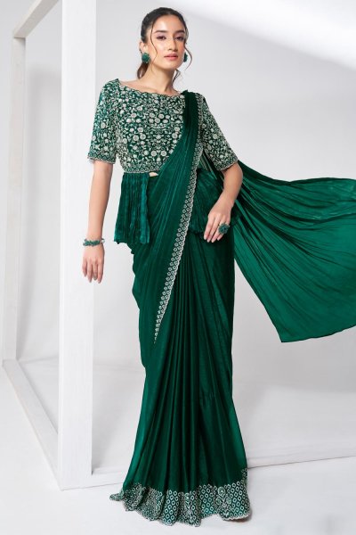 Pre-Draped Dark Green Chiffon Hand Embroidered Saree