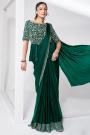 Pre-Draped Dark Green Chiffon Hand Embroidered Saree