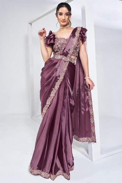 Pre-Draped Mauve Crepe Satin Silk Hand Embroidered Saree With Belt