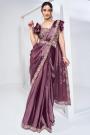 Pre-Draped Mauve Crepe Satin Silk Hand Embroidered Saree With Belt