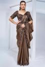 Pre-Draped Brown Crepe Satin Silk Hand Embroidered Saree With Belt