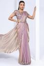 Pre-Draped Lilac Satin Silk Hand Embroidered Saree With Belt