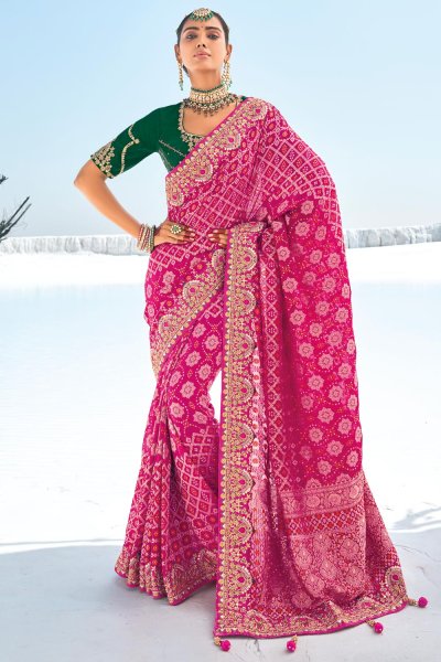 Pink Georgette Bandhani & Patola Embroidered & Zari Woven Saree