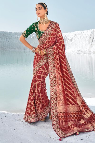 Maroon Georgette Bandhani & Patola Embroidered & Zari Woven Saree