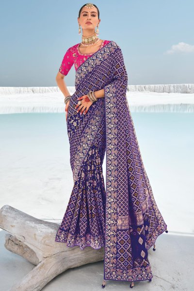 Purple Georgette Bandhani & Patola Embroidered & Zari Woven Saree