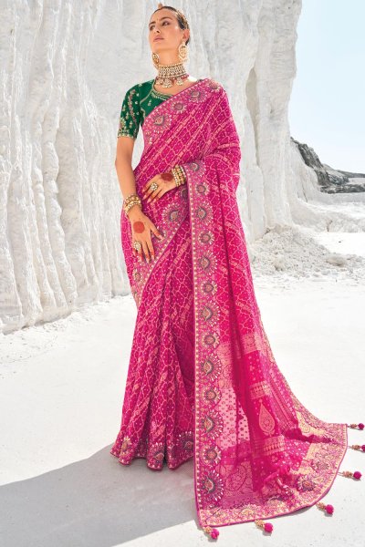 Pink Georgette Bandhani & Patola Embroidered & Zari Woven Saree