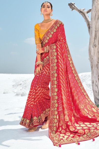 Red Georgette Bandhani & Patola Embroidered & Zari Woven Saree