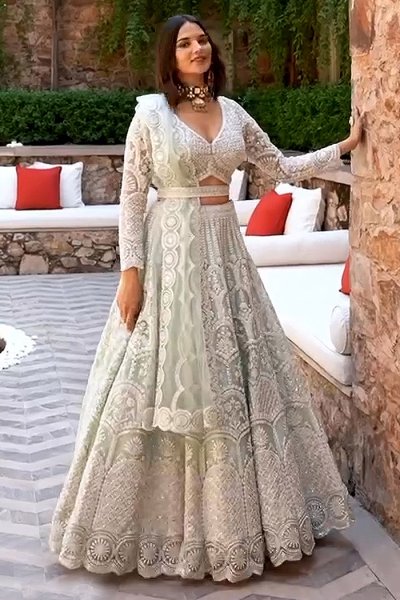 Sea Green Net Embroidered Lehenga Set