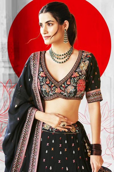 Black Georgette Embroidered Lehenga Set