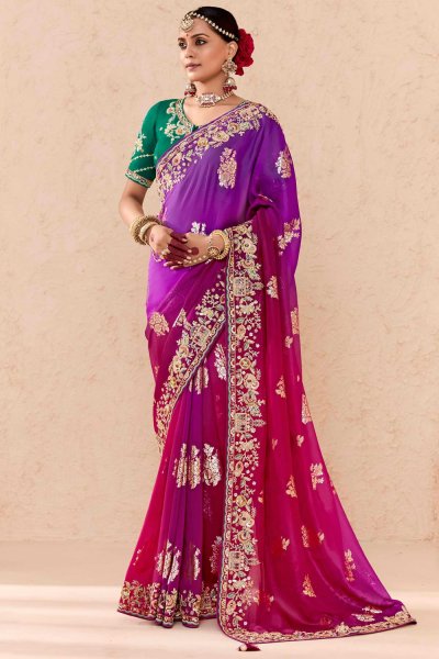 Magenta & Purple Ombre Georgette Jacquard & Embroidered Saree