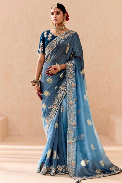 Blue Ombre Georgette Jacquard & Embroidered Saree