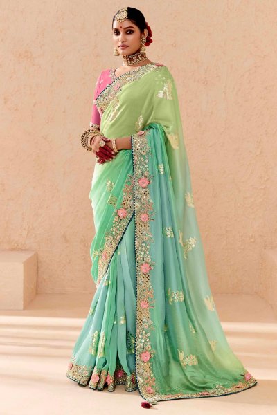 Mint & Aqua Green Ombre Georgette Jacquard & Embroidered Saree