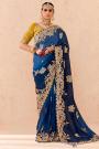 Prussian Blue Ombre Georgette Jacquard & Embroidered Saree