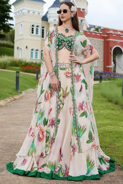 Green, White, & Multicolor Georgette Printed & Embroidered Indo-Western Lehenga Set With Jacket