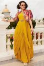 Mustard Yellow Chinon Silk Indowestern Dress With Brocade Silk Jacket