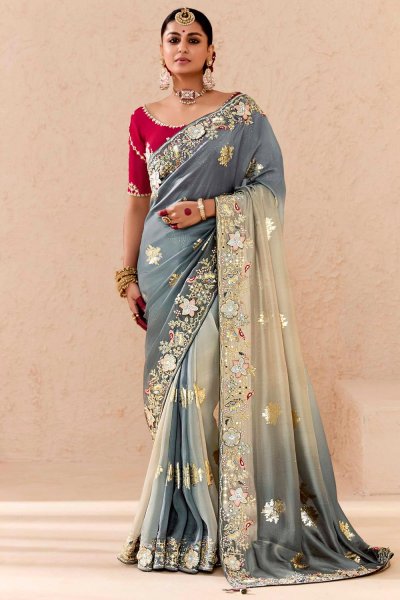 Silver Grey & Ivory Ombre Georgette Jacquard & Embroidered Saree