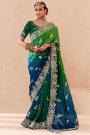 Green & Prussian Blue Ombre Georgette Jacquard & Embroidered Saree