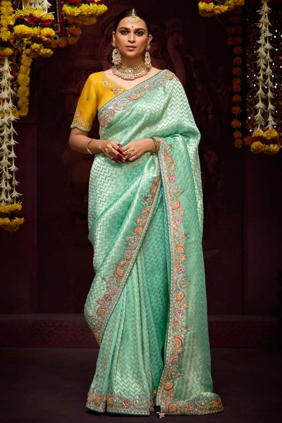 Mint Silk Zari Woven Embroidered Saree