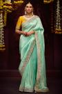 Mint Silk Zari Woven Embroidered Saree