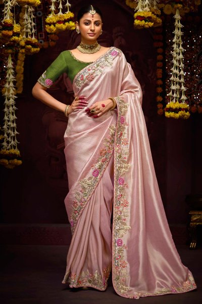 Blush Pink Silk Zari Woven Embroidered Saree