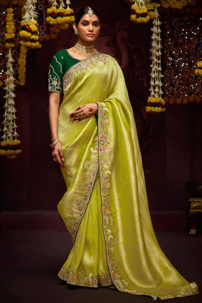 Lemon Yellow Silk Zari Woven Embroidered Saree