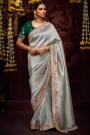 Silver Grey Silk Zari Woven Embroidered Saree