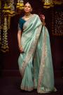 Aqua Silk Zari Woven Embroidered Saree