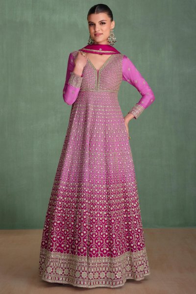 Pink Ombre Chinon Silk Embroidered Anarkali With Dupatta