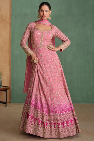 Light Pink Ombre Georgette Embroidered Anarkali With Dupatta